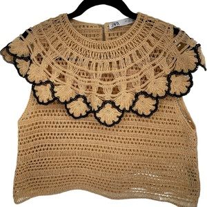 Zara Crochet Crop Top in Tan with Black Trim